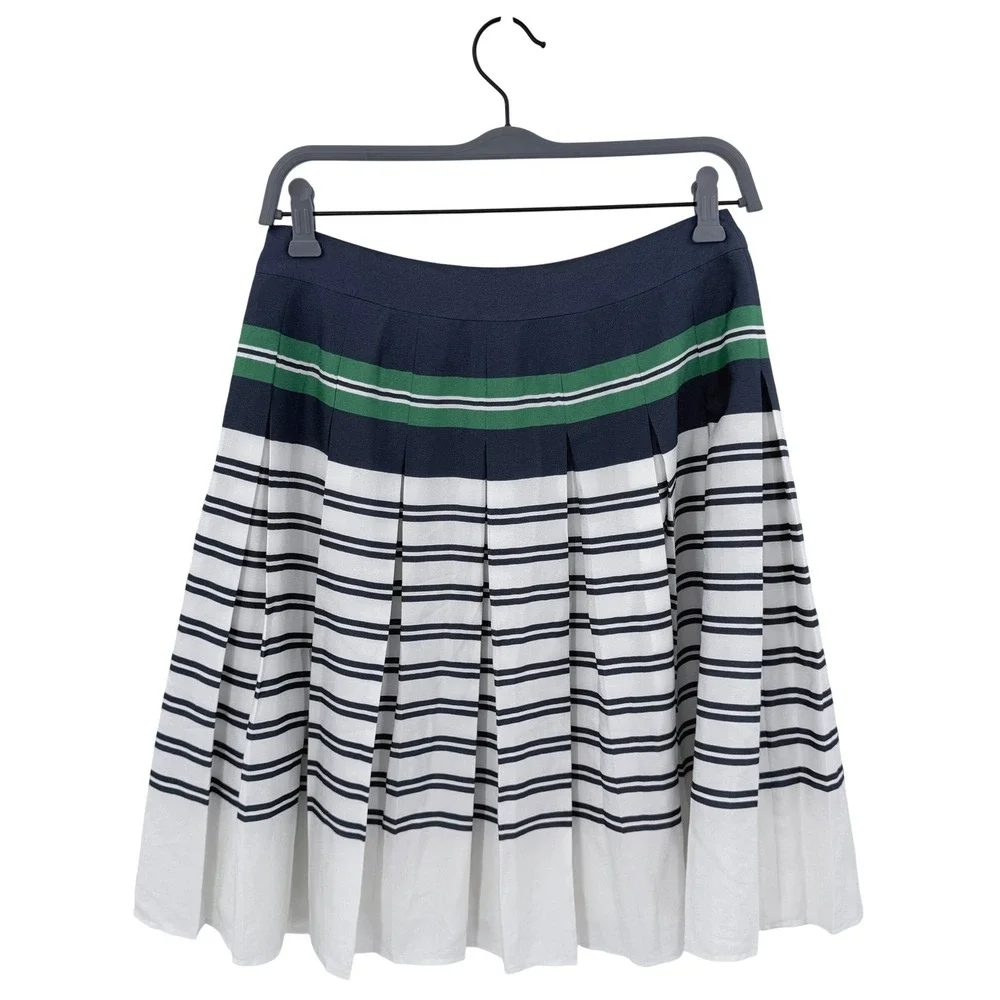 Lands End Pleated Midi Skirt Navy Blue Green White Striped Size 4 Preppy A-Line